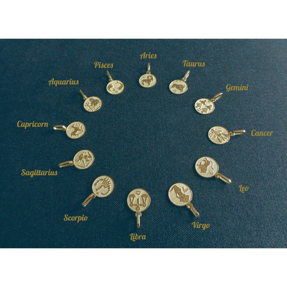 Solid 10k Gold Zodiac Sign Coin Charm Necklace, Astrology Horoscope Pendant